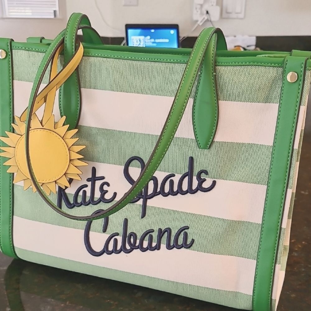 Kate Spade Green and White Cabana Tote Bag Like NEW
